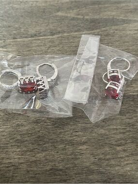 Red Cz Drop Earrings Silver Tone